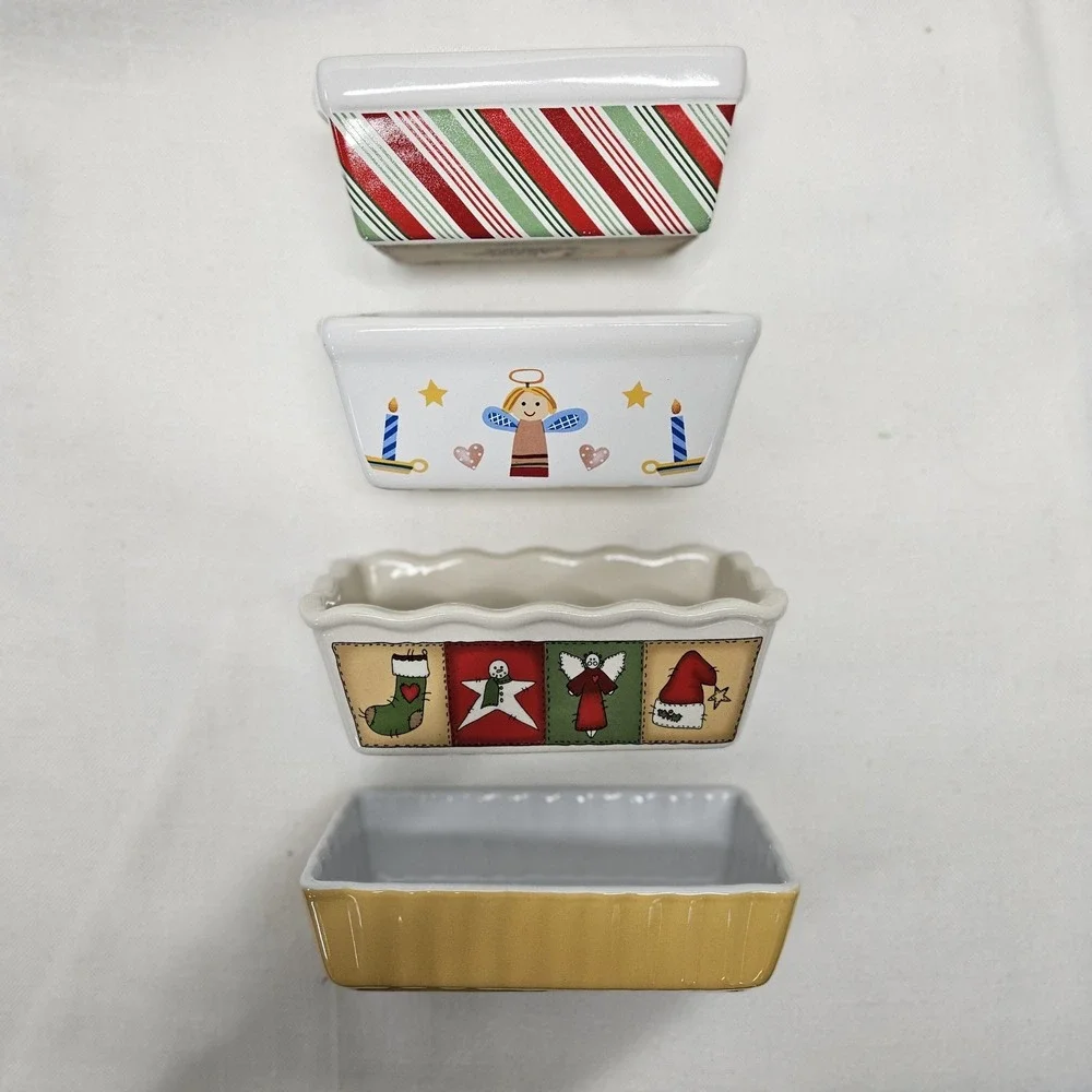 Holiday Mini Loaf Pan Set of 4 Mini Multicolor Ceramic Christmas Decor baking‎
